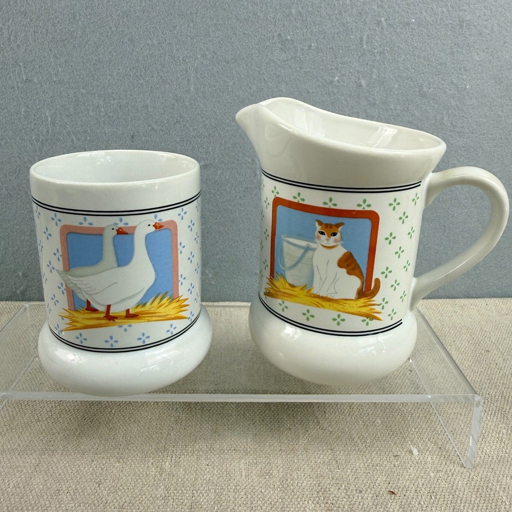 Vintage 1981 Vandor Pelzman Designs Country Cat and Geese Creamer and‎ Mug Set